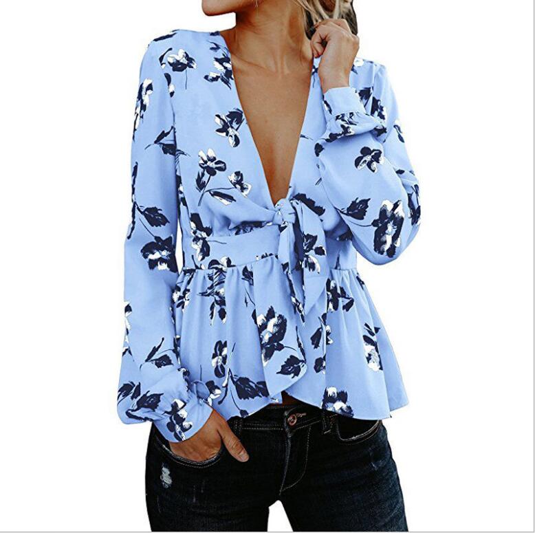 Hot Sale Women Shirts Deep V-neck Blouse Sexy Woman Shirt Long Sleeves Floral Tops Loose Formal Clothing for ladies tops (G