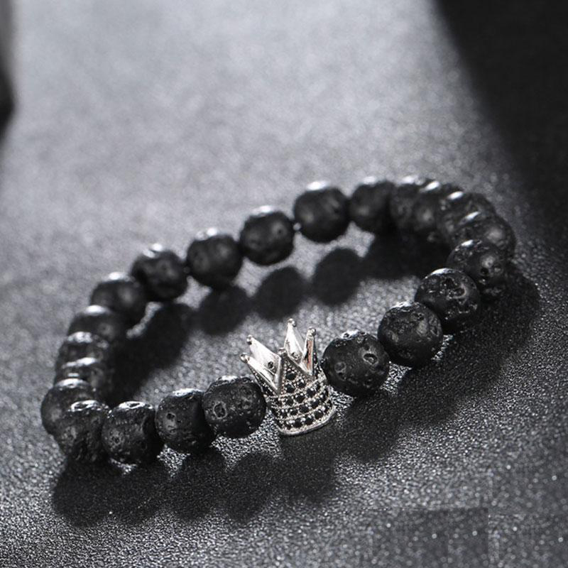 

Micro zircon Black King Crown Charm Bracelet Men Lava Stone Bead Bracelets For Men Women Free shipping