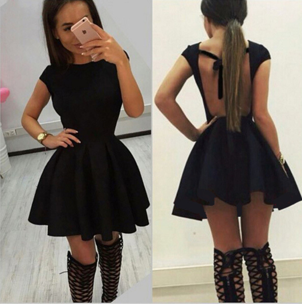 

Women Pleated Dress Sexy Back Bow Hollow Out Solid O Neck Short Sleeve Casual S- XL Summer Fashion Clothes, Black