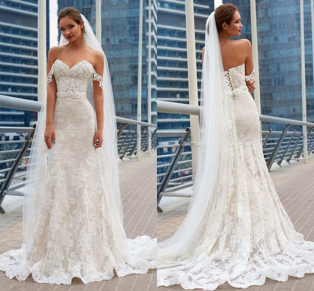 

Modest Lace Mermaid Wedding Dresses 2018 Off Shoulder Applique Beach Beho Sweetheart Sashes Pearls Corset Plus Size Bridal Gowns Custom Made, Ivory