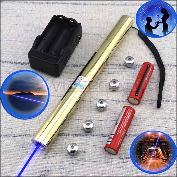 

BE5-B Military 450nm 10Mile Most Powerful Gold Plated Adjustable Focus Blue Laser Pointer Pen With 5 star caps 2x18650 bettery charger
