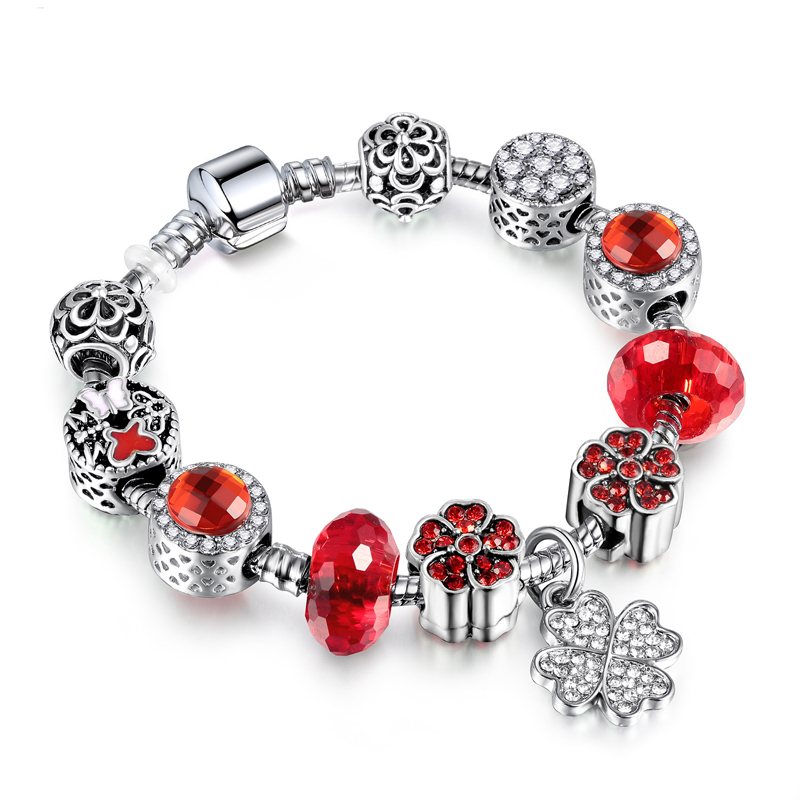 

Fashion Jewelry European Women DIY Charm Bracelet Luxury Big Crystal Beads Flower pendant Silver plated copper Bangle bracelets for Women