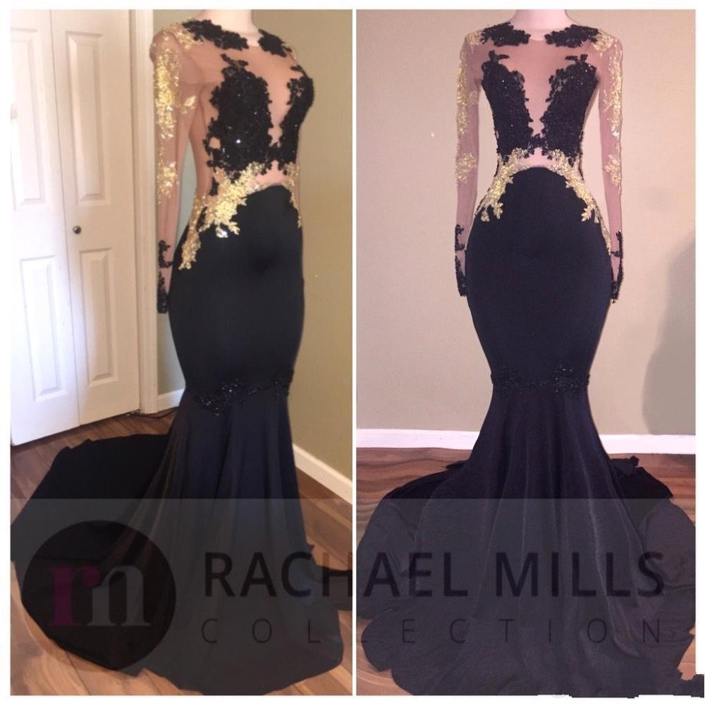 

2018 New Sexy African Cheap Black Prom Dresses Jewel Neck Mermaid Long Sleeves Gold Lace Appliques Beaded Formal Party Dress Evening Gowns, Silver
