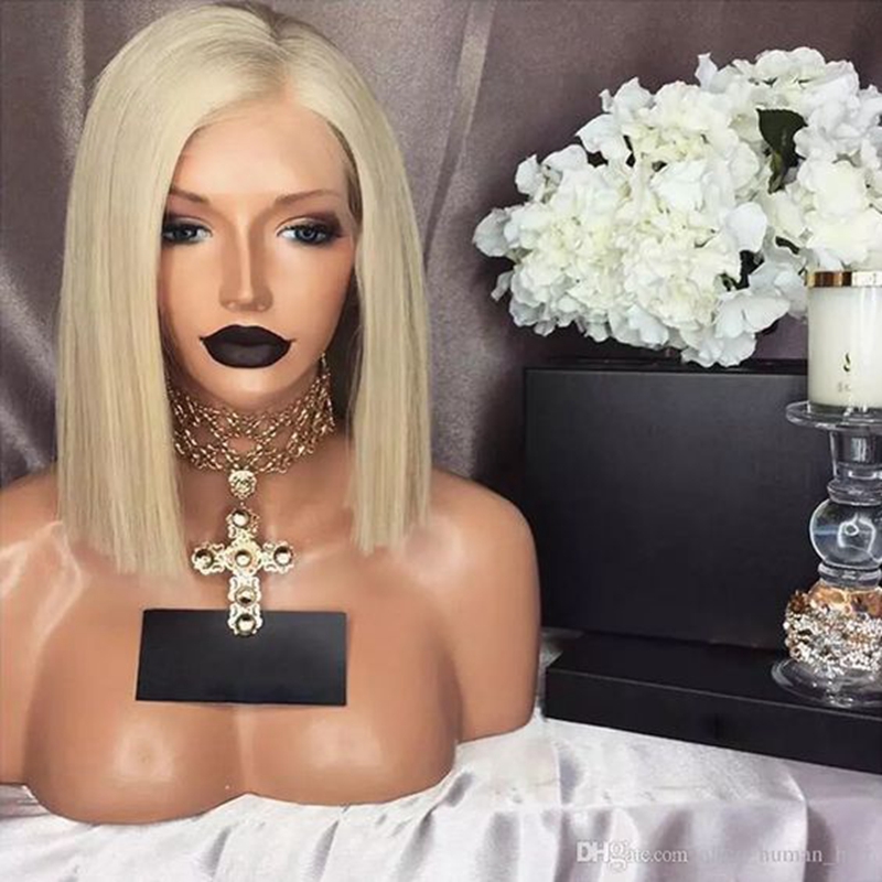 

MHAZEL blonde bob straight side part left #613 front hair wig picture 12inch transparent lace wig, Black