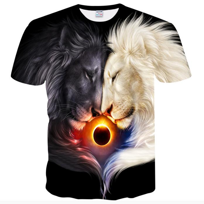 

Explosions Men's Casual 3D double lion print short-sleeved men's T-shirt, Black