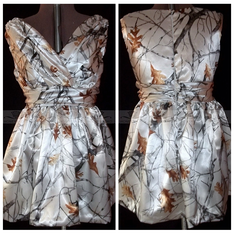 

V-Neck Camo White Mother Of The Bridal Dresses Satin Short Mini Camouflage Mother Formal Wear Sleeveless Zipper Back Snowfall Vestidos