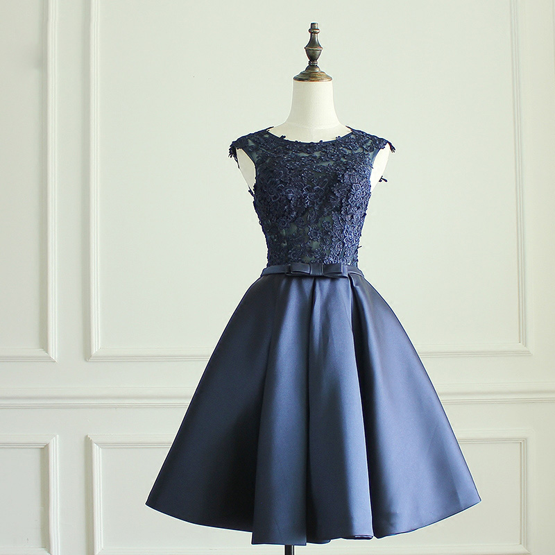 

Sexy Navy Blue Prom Dresses Illusion Sheer with Applique Knee Length Prom Dress Zipper Back Party Dress, Ivory