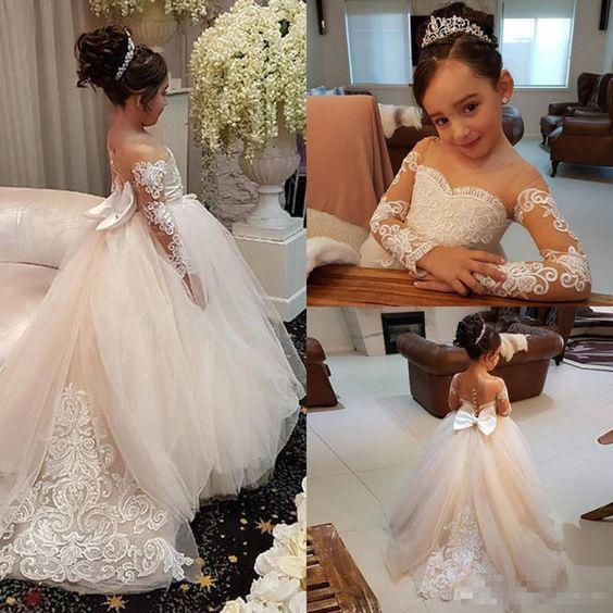 

Champagne 2019 Long Sleeve Transparent Lace Ball Gown Gorgeous Appliques Tulle Flower Girl Dress with Bow Pageant Birthday Party Wedding, White;blue