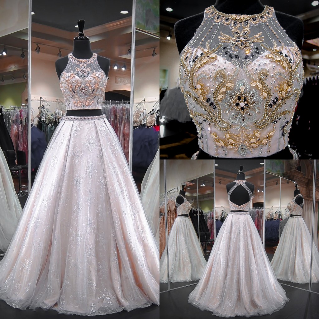 

Glittering Long Prom Evening Dress Two Pieces Tulle A line Lace Tulle Crystal Rhinestones Sequined Long Keyhole Back Pageant Formal Dress, Lilac