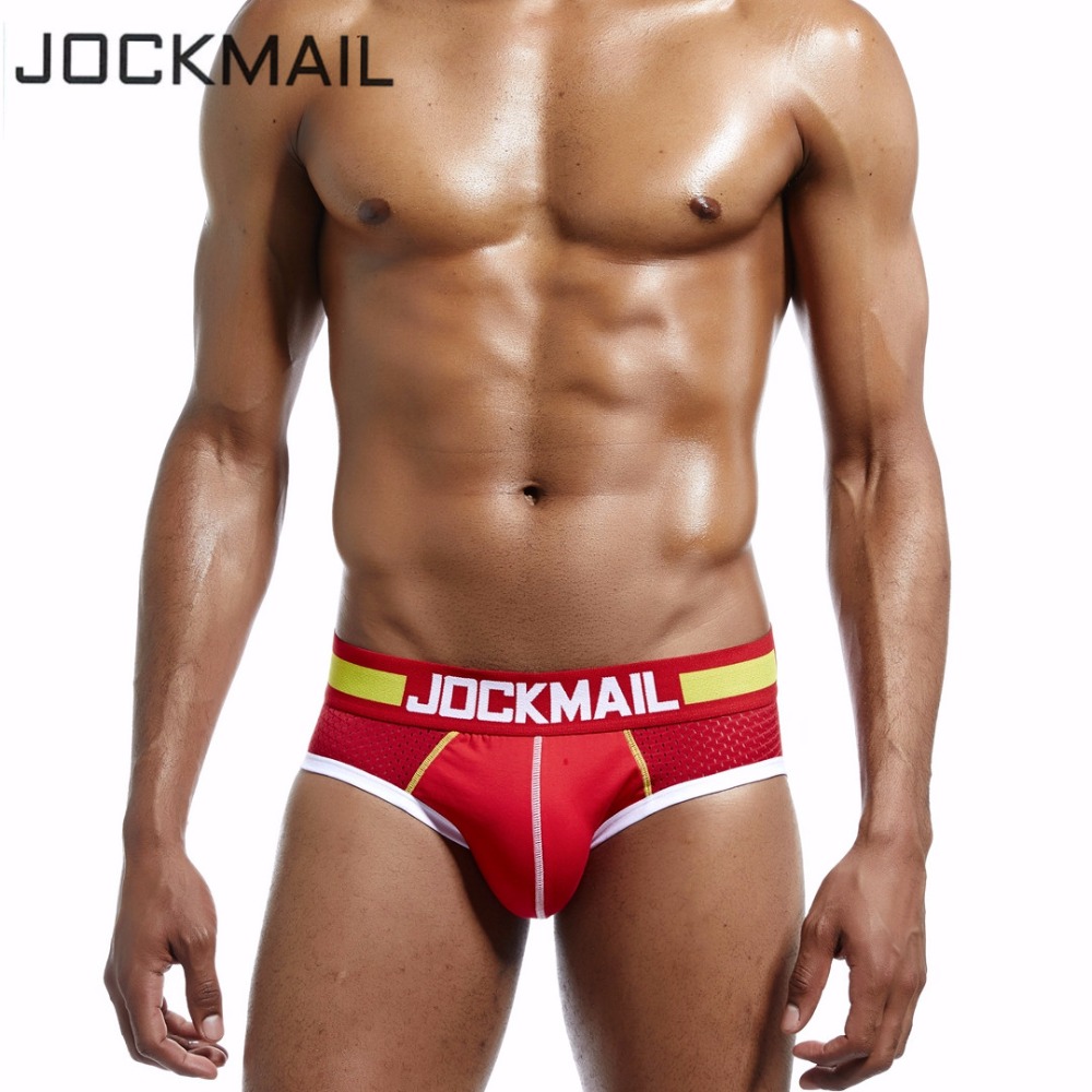 

JOCKMAIL Brand Men Underwear Briefs Mesh Breathable Sexy Men Briefs Bikini WJ U Convex Cotton Cup Man Underpants Gay Underwear, Red