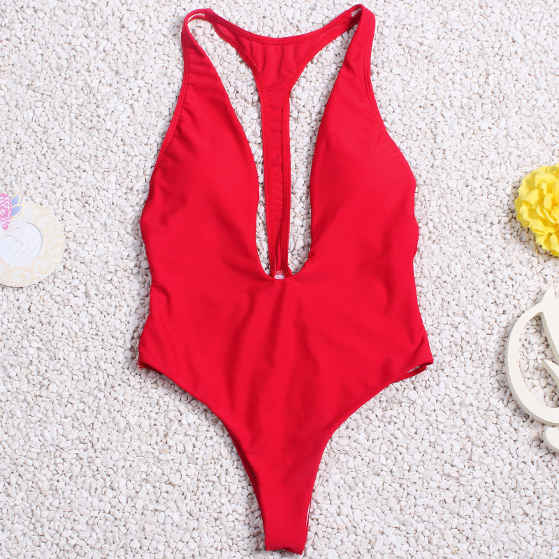 

V Neck One-Piece FemaleSwimsuit High Cut One Piece Swimwear Women Swimsuit Monokini Low Cut Maillot Swim Wear, Red