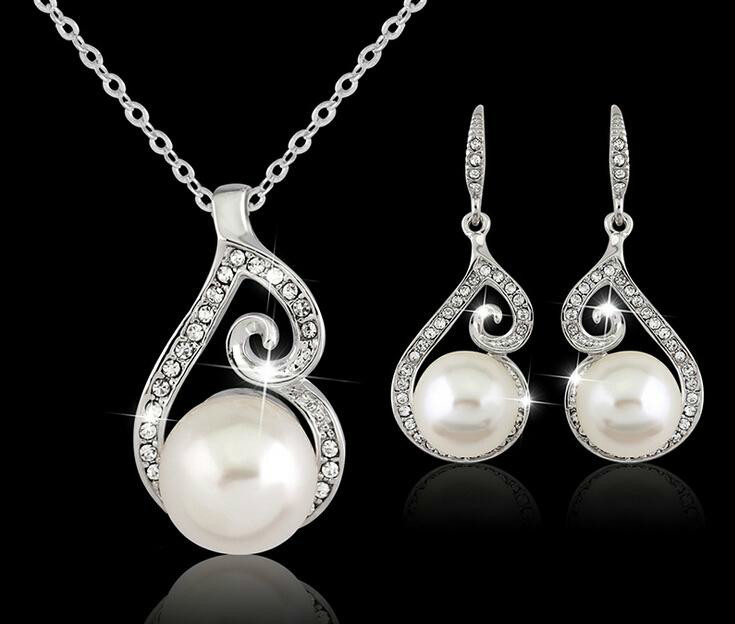 2018 Women Crystal Necklaces Sets Pearl Pendant Necklace Earring Jewelry Set 925 Silver Chain Necklace Jewelry 12pcs Sale Wedding Jewlery-image-413288597