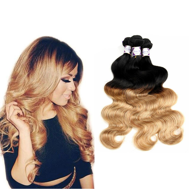 

T 1B/27# Dark Root Honey Blonde Body Wave Ombre Human Hair Weave 3 Bundles 100g/Pcs Brazilian Virgin Hair Extensions 10-30 Inch, Ombre color