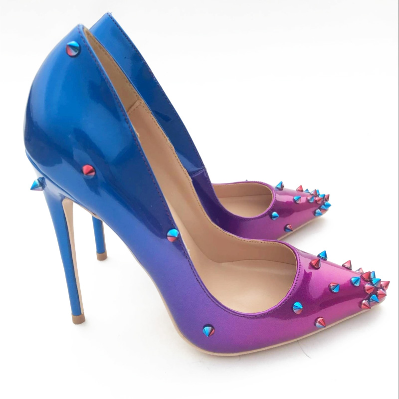 

2018 European and American brand new shoes, purple gradient rivet, high heel shoes, thin and pointed 12cm, single shoe, wedding shoes, 43 ya, Black
