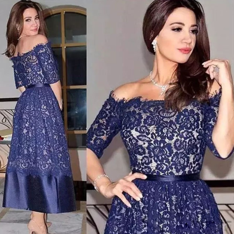 

Off Shoulder Lace Prom Dresses Graceful Half Sleeves Sash Ankle Length Mother Of The Bride Dresses Cheap Long Mother Of The Groom Dresses, Pink