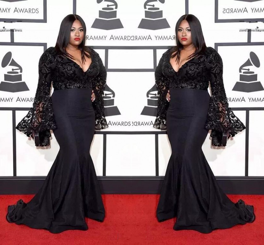 

Sexy Elegant Black Long Evening Dresses Long Sleeves Sullivan Sequins Prom Gowns Black Lace Mermaid Plus Size Celebrity Dresses, Gray