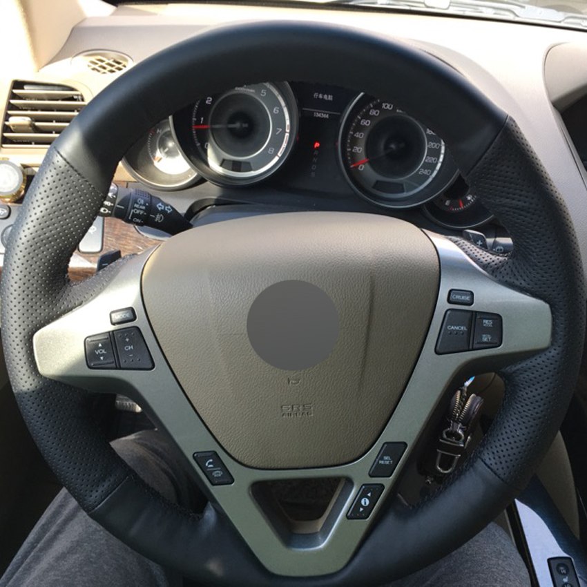 Black Genuine Leather DIY Hand-stitched Car Steering Wheel Cover for Acura MDX 2009-2012-image-430991421