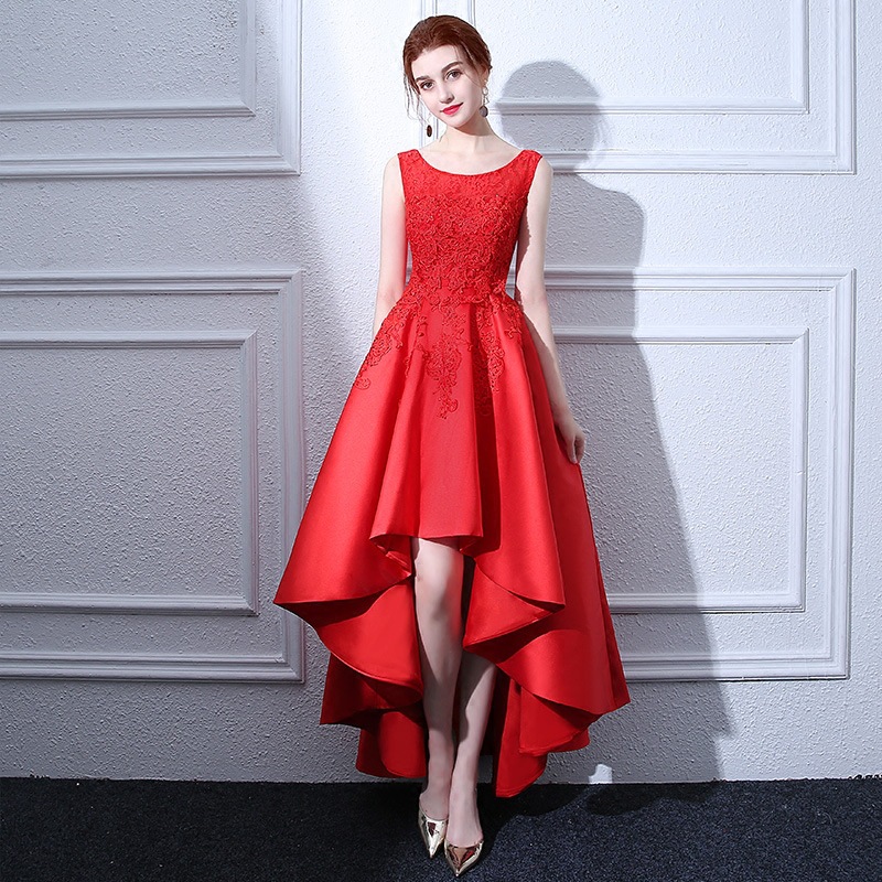 Scoop Neck Lace Satin Evening Dresses 2019 Beaded High Low Prom Dress Red Party Dresses Elegant