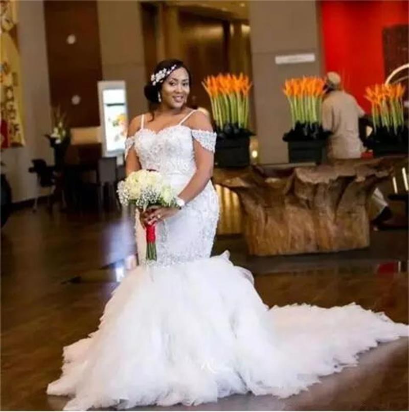 

African Plus Size Wedding Dresses Spaghetti Straps Lace Appliques Beaded Capped Off Shoulder Mermaid Wedding Tiered Tulle Long Bridal Gowns, Ivory