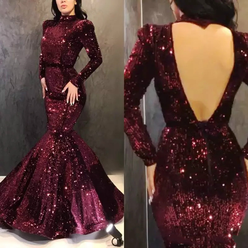 

Sparkly Sequins Mermaid Prom Dresses High Neck Long Sleeve Backless Formal Dress Party Glamorous Saudi Arabia Evening Gowns Formal Wear, Royal blue