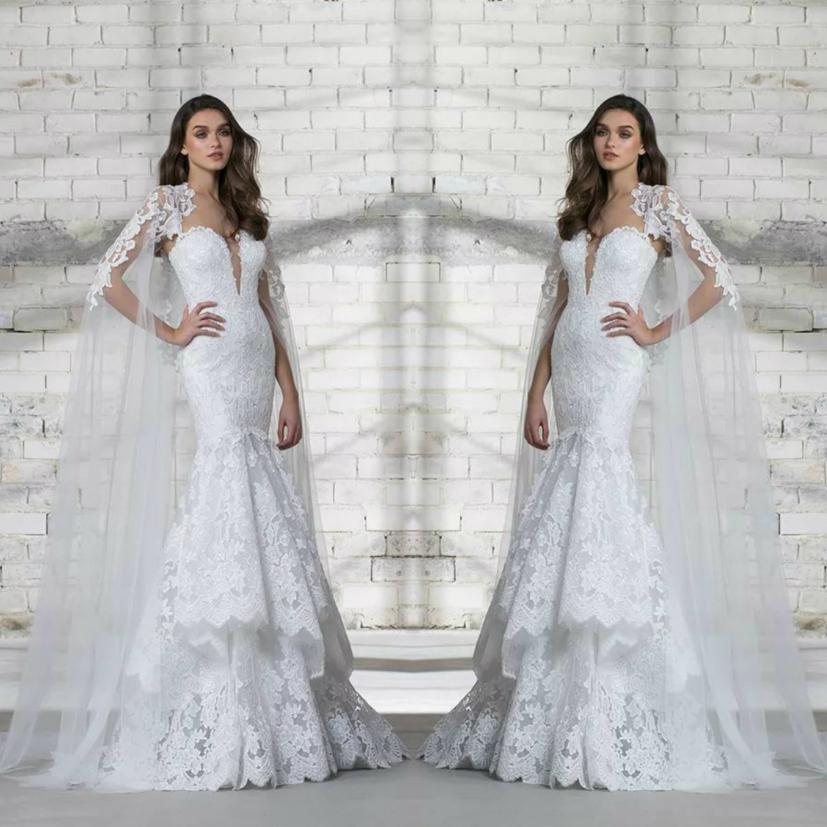 

2022 Wedding Dress Full Lace Appliques Deep V Neck Tiered Skirts Sequins Design Bridal Gowns With Long Wrap, Same as image