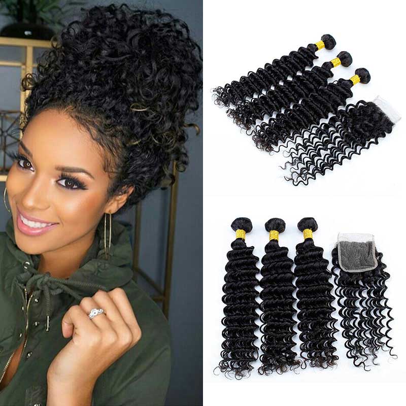 

Peruvian Deep Wave 3 Bundles with Closure Grade 8A Peruvian Virgin Human Hair Wefts with 4x4 Lace Closure Extensions Natural Black Color, Natural color