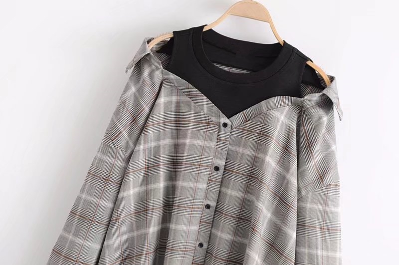 Loose Plaid Shirt Boyfriend Oversize Blouses Lapel Long Sleeve Summer Spring Fake 2pcs Shirts Casual Top Vintage