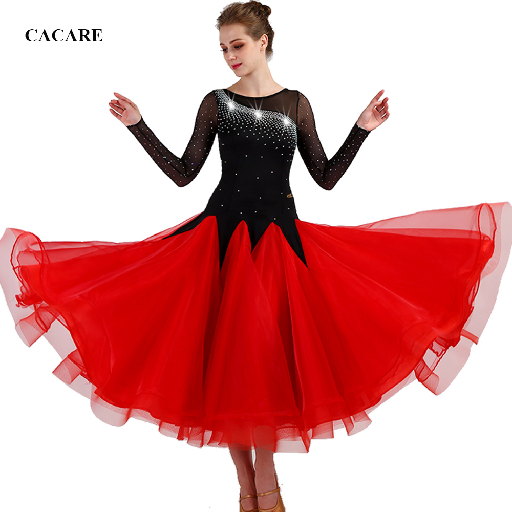 

NEW Ballroom Dance Competition Dresses Standard Dance Dresses Ballroom Waltz Dress D0467 Red with Long Sleeve Big Sheer Hem Rhinestones