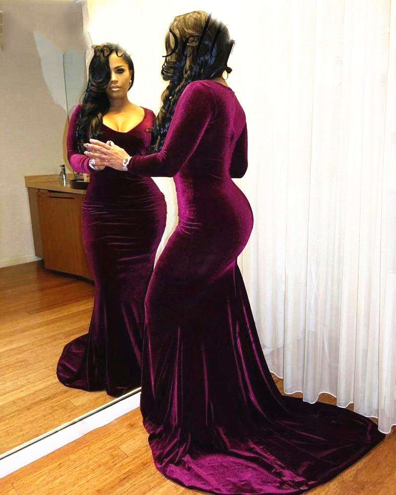 

Burgundy Velvet Prom Dresses Plus Size Long Sleeve Sexy Deep V Neck Long Mermaid Evening Gowns Pageant Dress 2019 Special Occassion, Same as picture