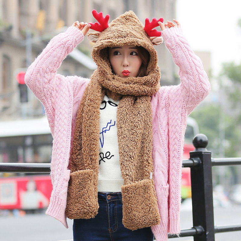 

Gloves+ Hat+ Scarf 3 Pcs Christmas Deer Women Cute Autumn Winter Warm Wear Girl Cute Sweet Parent-child Wild Plus Velvet Scarf