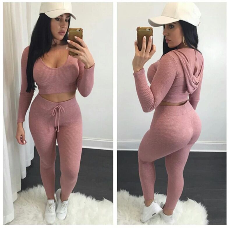 

Eur Fashion Sexy Crop Top With Leggings Pants 2 Pcs\Set Solid Knitted High Hip Clothing Tracksuits, Pink