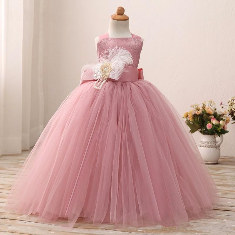 

Little Girls Ball Gowns Flower Girls Dresses With Straps Feather Corset Back 2018 Pink Tulle Cheap Wedding Gowns Lace Ruched, Burgundy