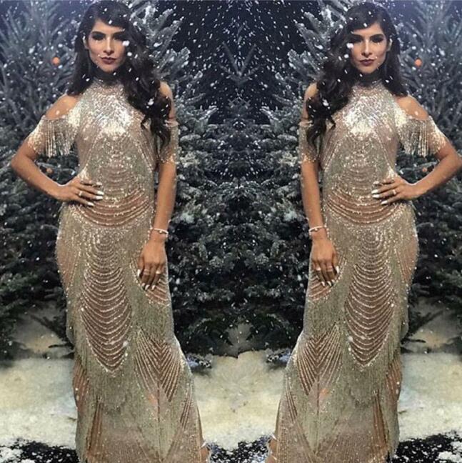 

Evening dress Yousef aljasmi Kim kardashian Puffys sleeve Beaded Tassles Sheath Turtle Neck Long dress Almoda gianninaazar ZuhLair murad, Same with picture