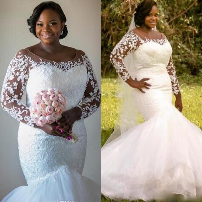 

Plus Size Mermaid Wedding Dresses Sheer Neck Long Sleeve Lace Appliqued Bridal Dresses Charming South African Fluffy Tiered Wedding Gowns, Champagne