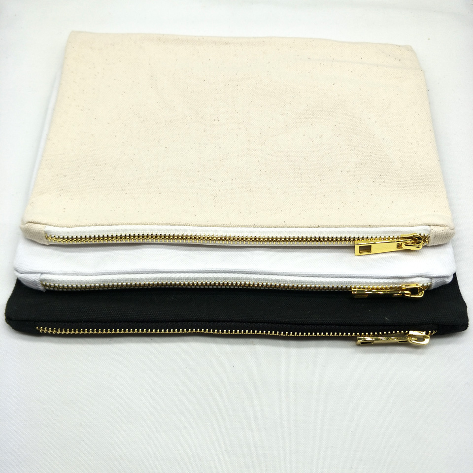 

7x10inch blank lined canvas makeup bag black/white/ivory cosmetic bag with gold metal zip stock available toiletry bag directly from factory, Mixed colors pls leave note of qty/color