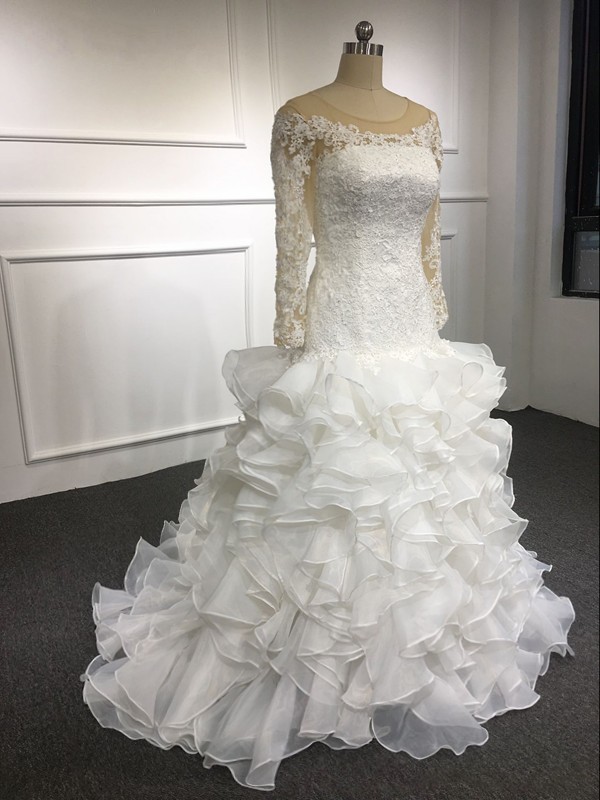 

Real Photo Jewel Sheer Neck Wedding Dress Bridal Gown Illusion Long Sleeves Applique Ruffles Organza Hollow Back African Lace Beaded, Gold