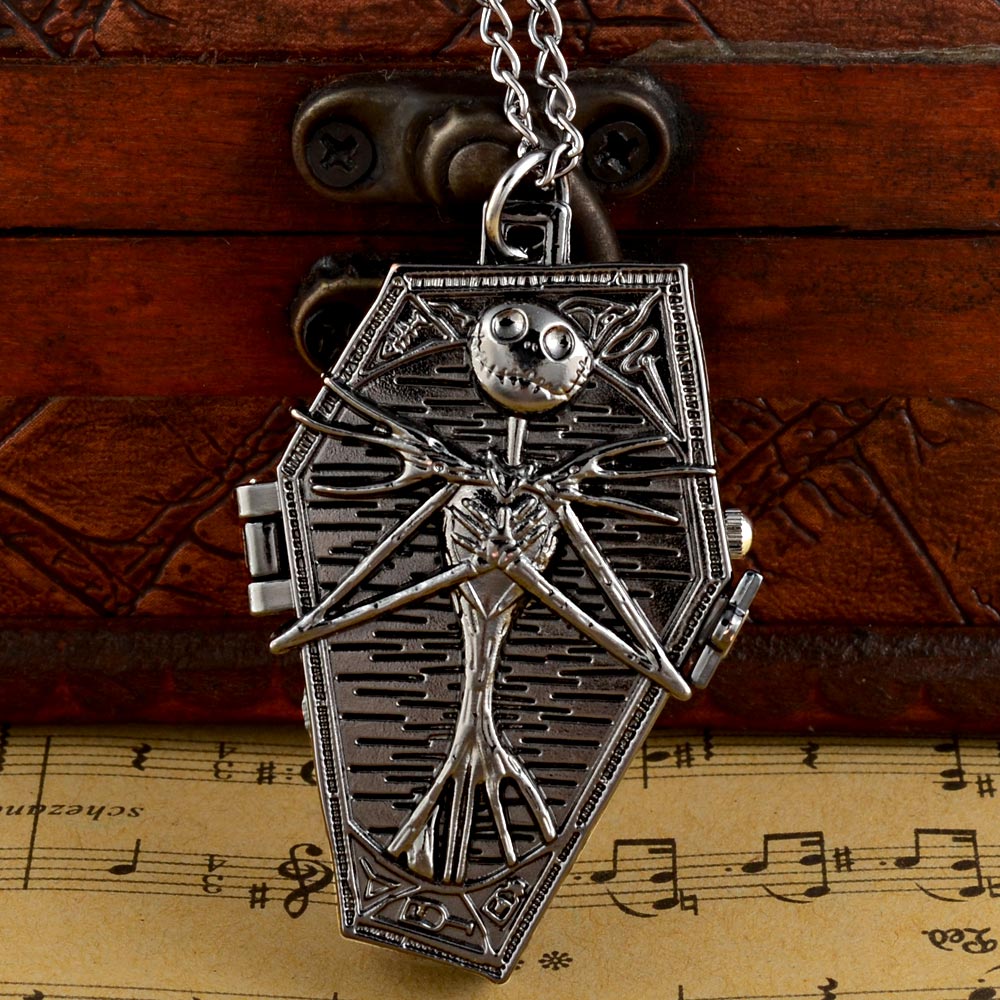 

New Black Tim Burton The Nightmare Before Christmas Quartz Pocket Watch Jack Skellington Chain Pendants Clock Women Men, As pic