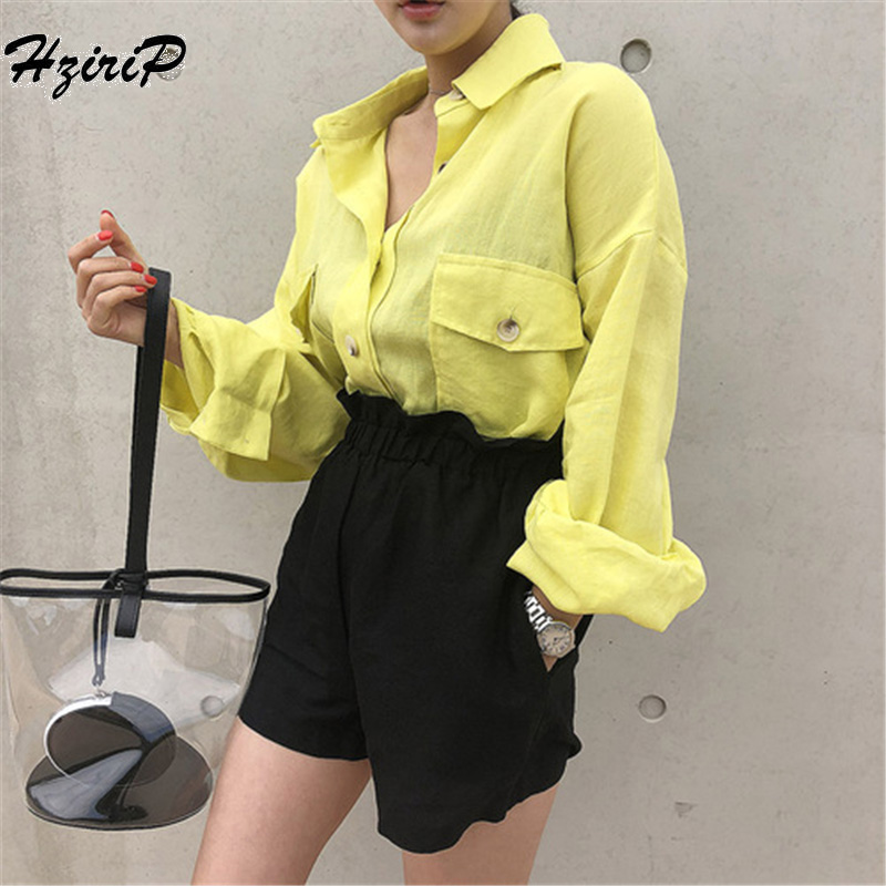HziriP 2018 New Spring Autumn Solid Yellow Shirt Women Casual Solid Turn-Down Collar Long Sleeve Ladies Loose Shirts Tops