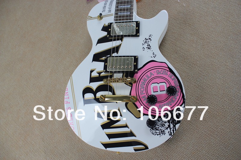 LP JIM BEAM model with pink rose flower decal on body top white color OEM Les Standard Electric Guitar-image-424727875