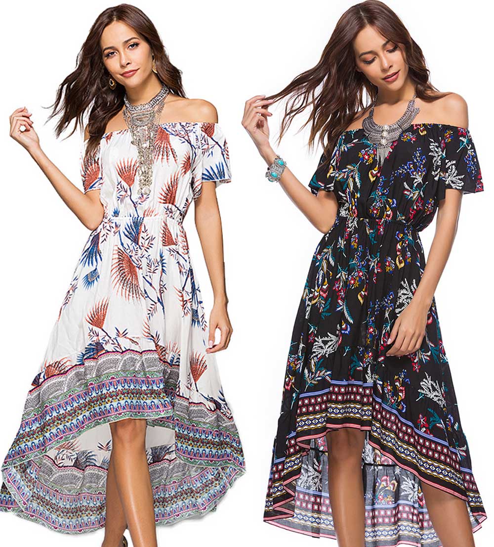 

Women Beach Bohemia Dress Hi-Lo Elastic Waist Retro Irregular Ethnic Floral Print Slash Neck Casual M- XL Summer Fashion Clothes