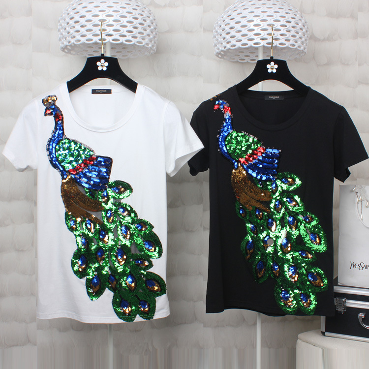 

European women' wear 2018 The new spring With short sleeves Round collar The peacock sequins T-shirt, Black