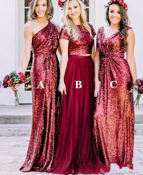 

2018 New Cheap Burgundy Sequin a line Bridesmaid Dresses Jewel One Shoulder Floor-Length Bridesmaid Dress Wedding Party Dresses Custom Made