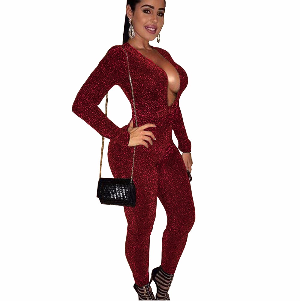 

CM.YAYA gold Silk Black Red Deep V-Neck Jumpsuits Overalls 2018 Summer women fashion Casual bodycon bandage Sexy Rompers A7513L