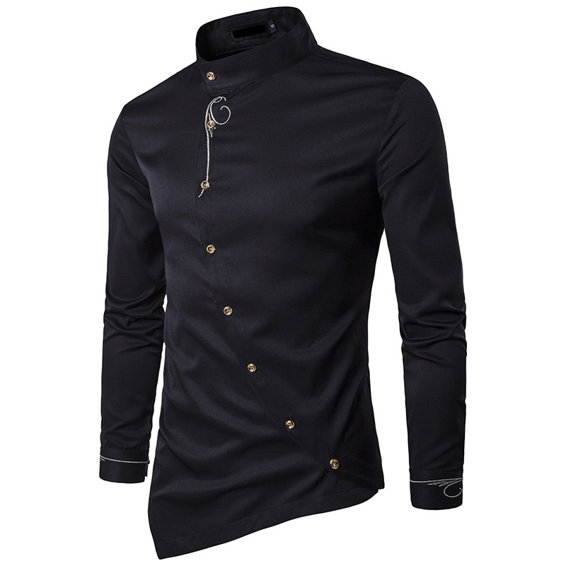New 2018 spring Autumn embroidery irregular oblique button brought high-grade Hotel Waiter men clothes camisa social shirts