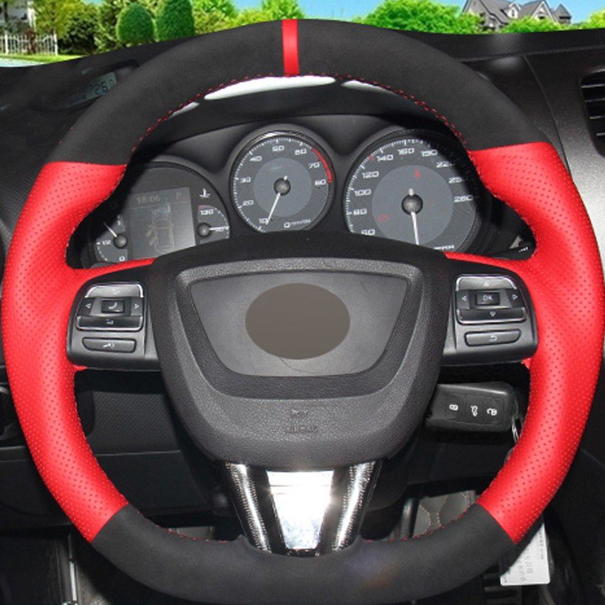 Red Genuine Leather Black Suede Car Steering Wheel Cover for Seat Leon-image-430987033