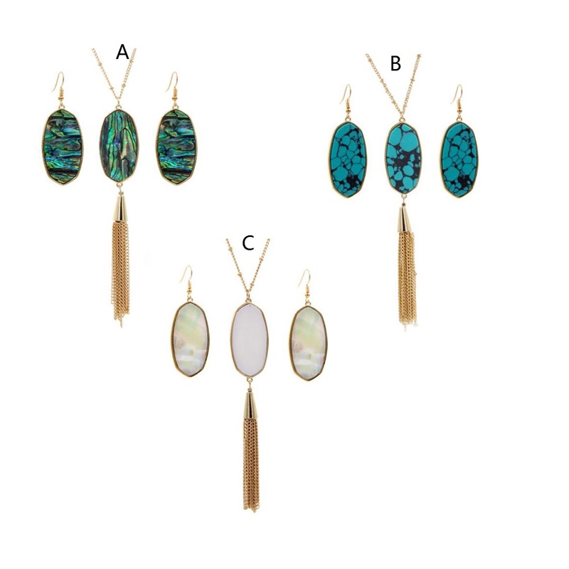 

Oval Hexagon Stone Necklace Earrings Jewelry Set Shell Turquoise Necklaces Earings Wedding Party, As picture