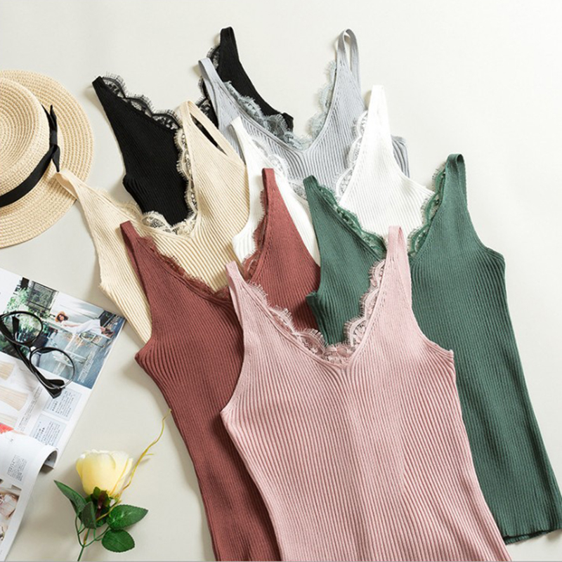 

green black white pink knitted Tank Tops Women Summer Camisole Vest Stretchable Ladies V Neck Slim Sexy Strappy Camis Tops