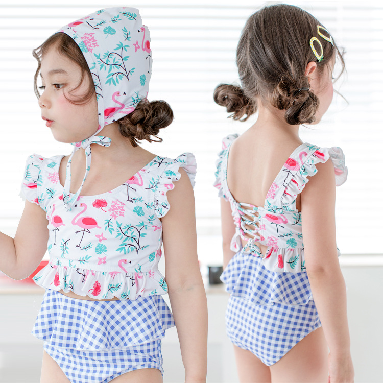 Hot 2018 Girls Children Swimwear Bikini Female Baby Split Swimwear With Swimming Cap Kids Swim Suits-image-419619196