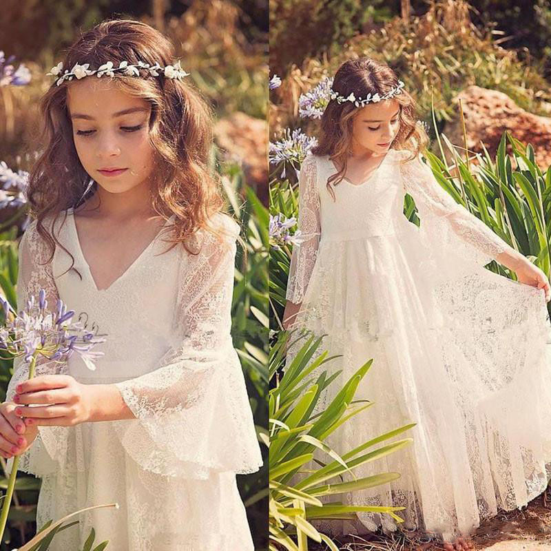 

White Lace Princess Communion Dresses for Girls Sheer Long Sleeves Boho Little Bride Flower Girl Dress for Wedding Beach Pageant Dress, Royal blue