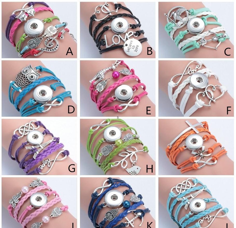 

12 Style DIY Multilayer Weave Leather Noosa Chunk Bracelet DIY Ginger Snap Button Interchangeable Bracelet Jewelry Wholesale